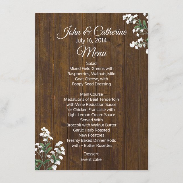 Babys Breath Rustic Boda Table Menu (Anverso)