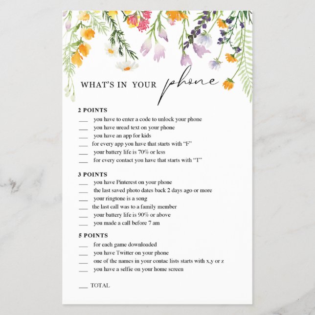 Bachelorette Party Phone Game Wildflowers Flyer Fl (Frente)