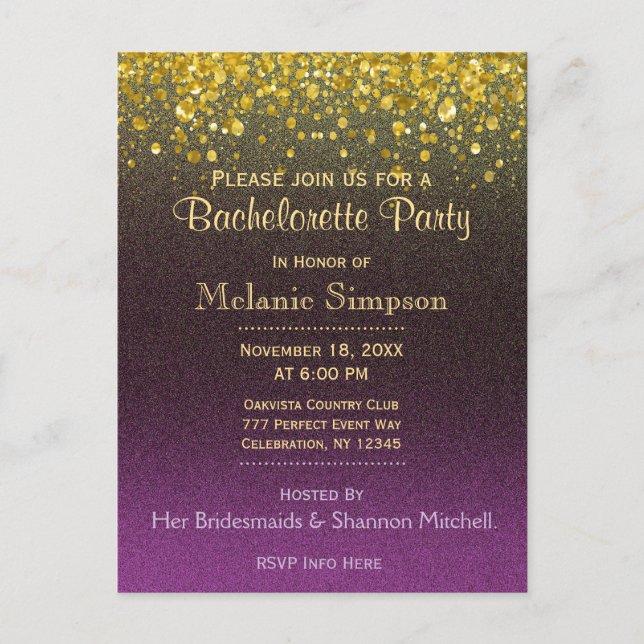 Bachelorette Party | Tarjeta de oro y púrpura (Anverso)