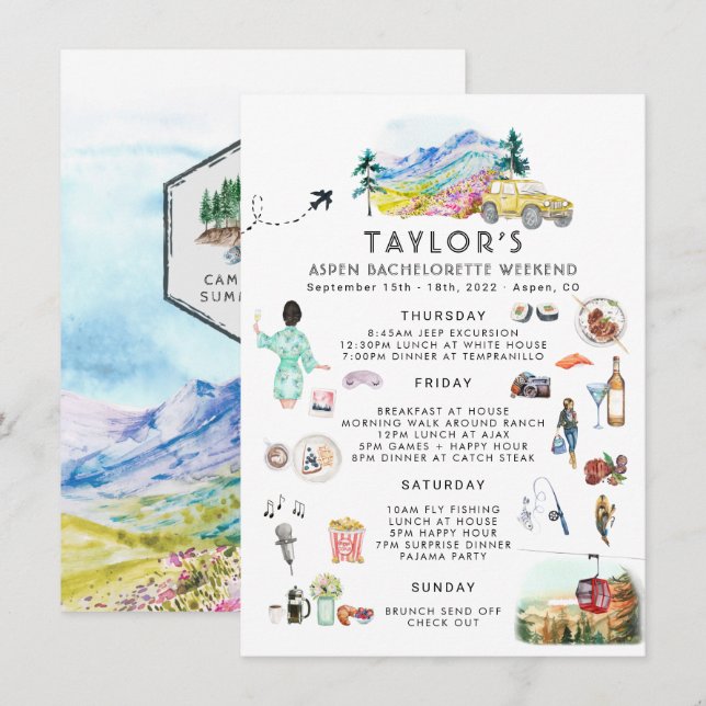 Bachelorette Weekend Itinerary | Campamento de ver (Anverso / Reverso)