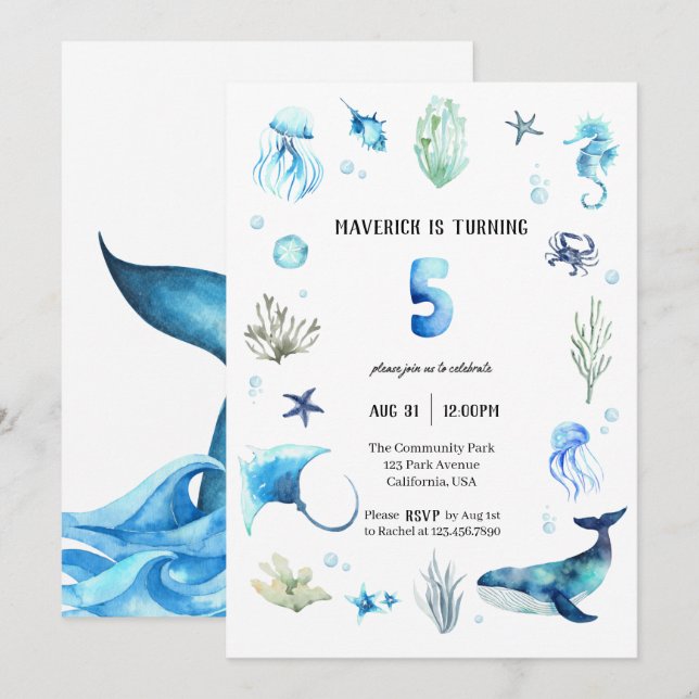 Bajo el Mar 5.ª Invitación de Cumpleaños (Anverso / Reverso)