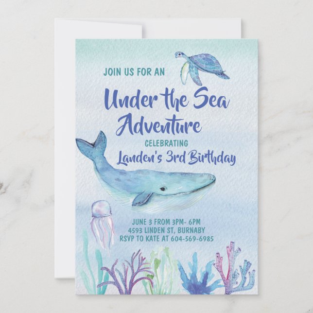 Bajo el mar Aventura niños Invitación al cumpleaño (Anverso)