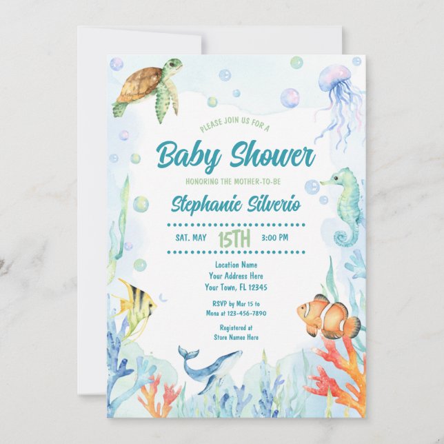 Bajo el mar Baby Shower Invitación a acuarela (Anverso)