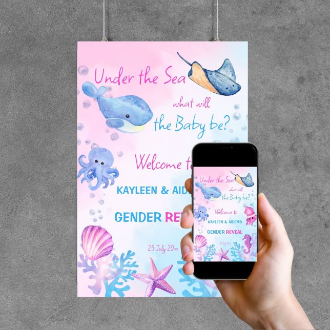 Bajo el mar el género revela señal de bienvenida (Under the sea gender reveal party welcome sign poster template digital download cute pink and blue)
