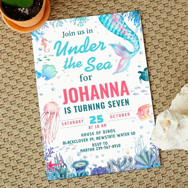 Bajo el mar Invitación a la fiesta de cumpleaños d (Under the sea Mermaid Birthday Party Invitation)