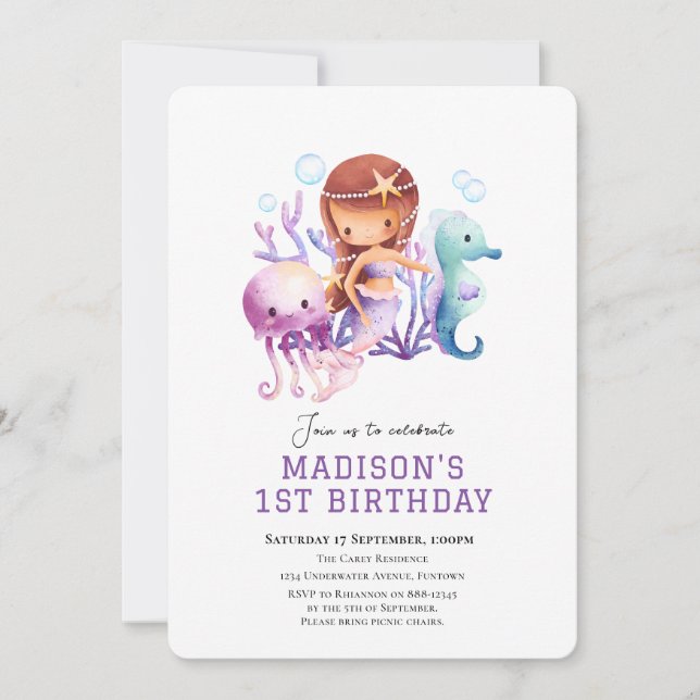 Bajo el mar Invitación de cumpleaños de la sirena (Anverso)