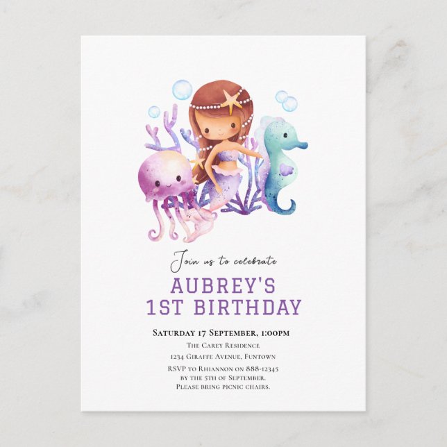 Bajo el mar Invitación de cumpleaños de la sirena (Anverso)