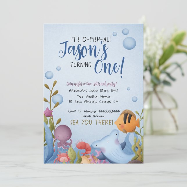 Bajo el mar Invitación de primer cumpleaños con fo (Anverso de pie)