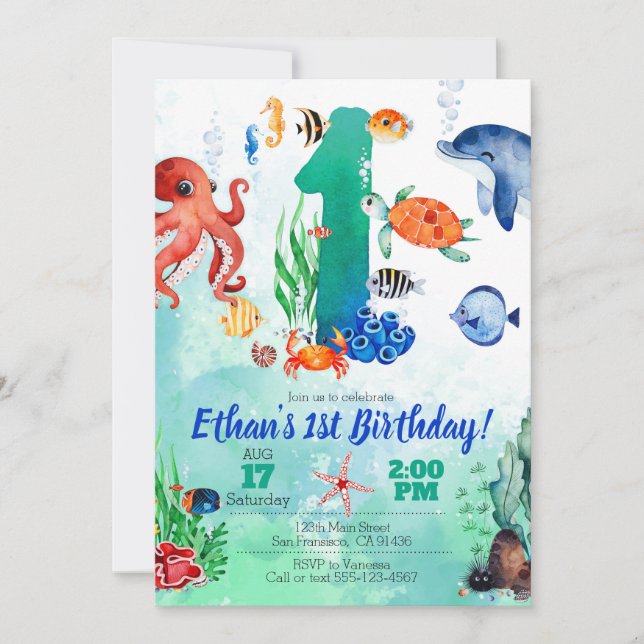 Bajo el mar, invitación para el primer cumpleaños (Anverso)