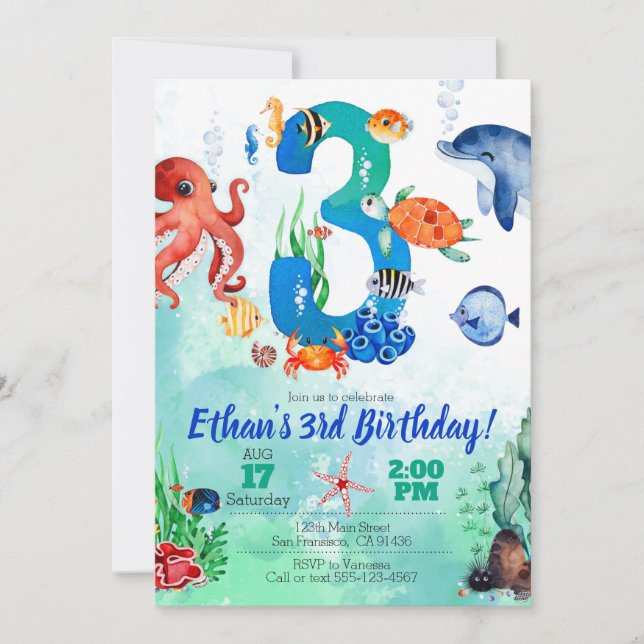 Bajo el mar, invitación para tercer cumpleaños (Anverso)