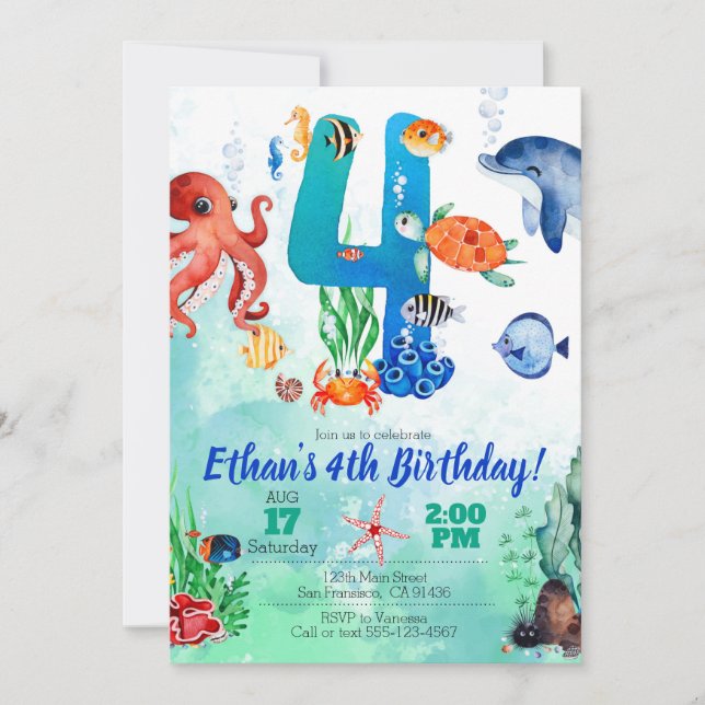 Bajo el mar, invitación por cuarto cumpleaños (Anverso)