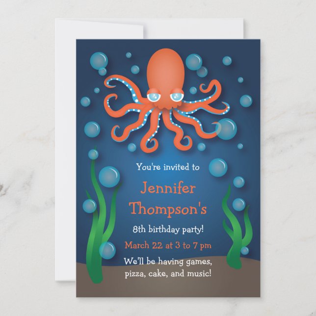 Bajo el mar Naranja Octopus Invitaciones de cumple (Anverso)