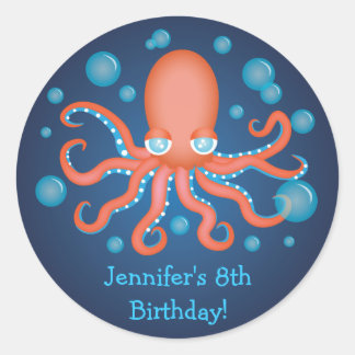 Bajo el mar Naranja Octopus Pegatinas de cumpleaño
