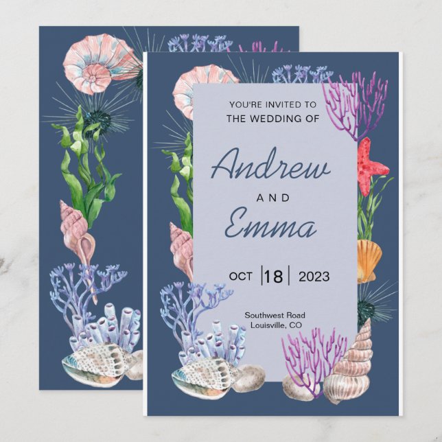Bajo el mar Océano azul Invitación a la boda moder (Anverso / Reverso)