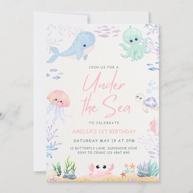 Bajo el mar Océanos Animales Invitación de primer  (Anverso)