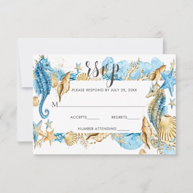 Bajo el mar Oro Azul Boda de Verano Blanco RSVP (Anverso)