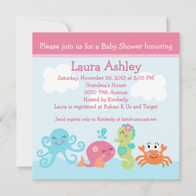 Bajo el mar vida/Chica Invitación a Baby Shower (Anverso)