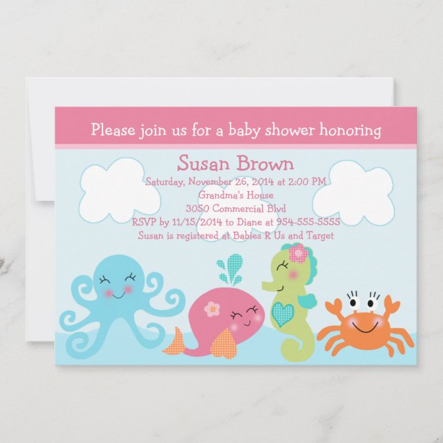 Bajo el mar vida/Chica Invitación a Baby Shower (Anverso)