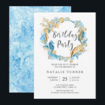 Bajo invitación azul de la fiesta de cumpleaños<br><div class="desc">Personalice esto bajo invitación de la fiesta de cumpleaños del azul y del oro del mar que ofrece seahorses, estrellas de mar, cáscaras y los arrecifes de coral. ¡Para un arreglo para requisitos particulares más avanzado de este diseño, haga clic por favor el botón del "personalizar" arriba! Los artículos a...</div>