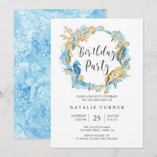 Bajo invitación azul de la fiesta de cumpleaños