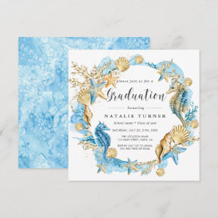 Bajo invitación azul de la graduación del oro del