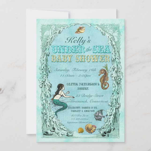 Bajo invitación de Baby Shower de la sirena del (Anverso)