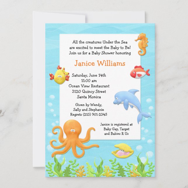 Bajo invitación de Baby Shower del mar (Anverso)