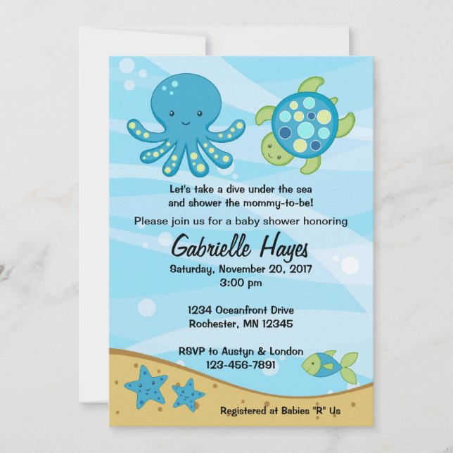 Bajo invitaciones azules de Baby Shower del mar (Anverso)
