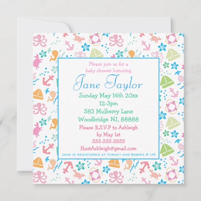 Bajo invitaciones de Baby Shower del mar (Anverso)