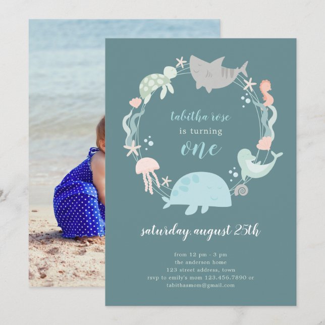 Bajo la foto del mar Invitación de primer cumpleañ (Anverso / Reverso)
