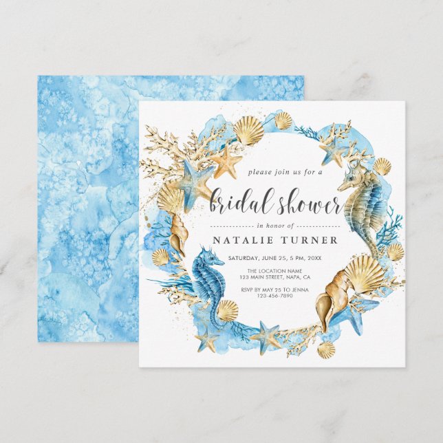 Bajo la invitación a la ducha nupcial Sea Blue & G (Anverso / Reverso)