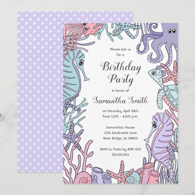 Bajo la invitación a la fiesta de cumpleaños Sea P (Anverso / Reverso)