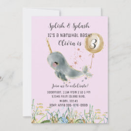 Bajo la invitación al cumpleaños Sea Pink Narwhal