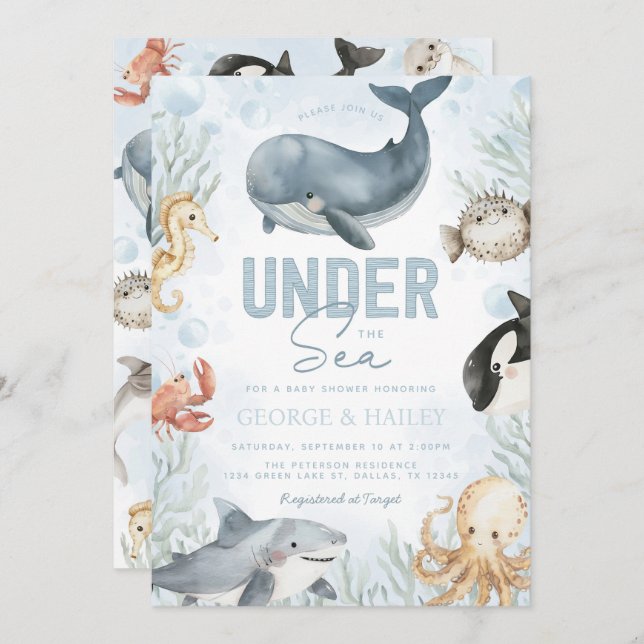 Bajo la invitación de Baby Shower a la ballena mar (Anverso / Reverso)