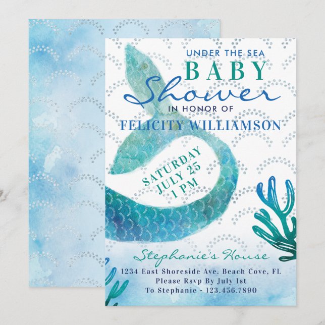 Bajo la invitación de Baby Shower a la sirena mari (Anverso / Reverso)