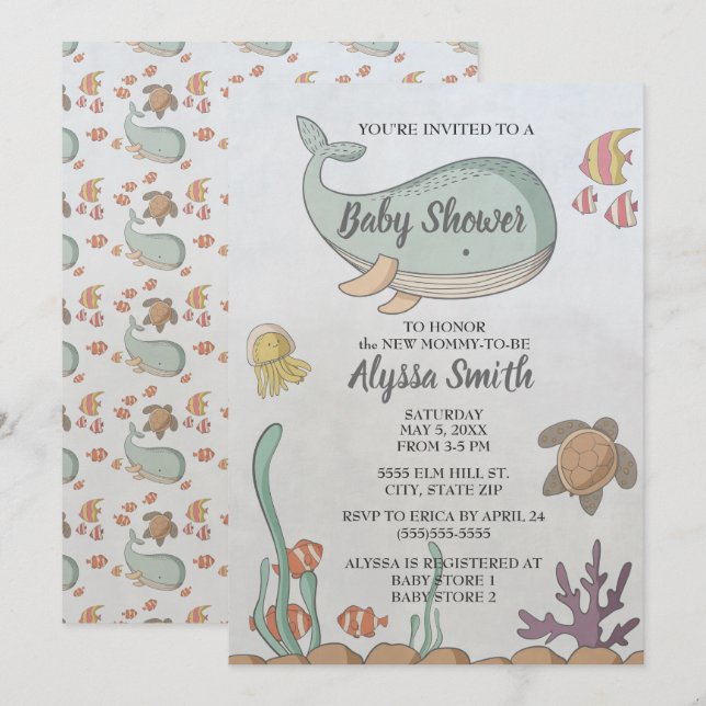 Bajo la invitación de Baby Shower de la tortuga ma (Anverso / Reverso)