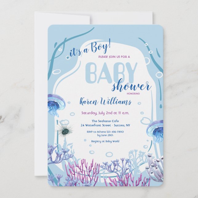 Bajo la invitación de Baby Shower Sea Blue (Anverso)