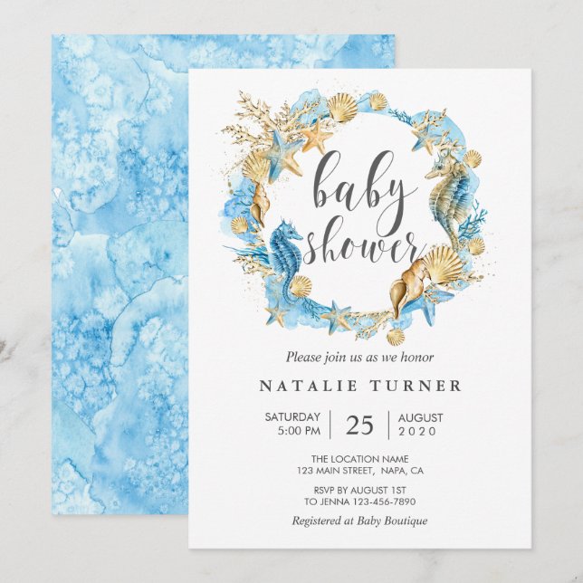 Bajo la invitación de Baby Shower Sea Blue and Gol (Anverso / Reverso)