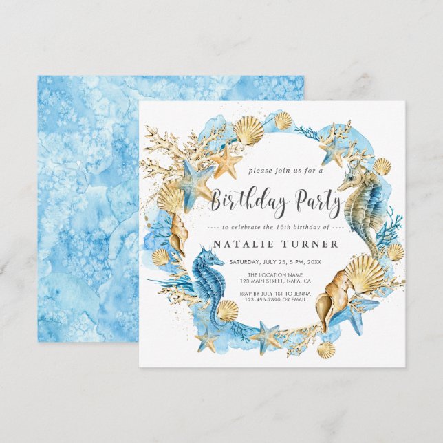 Bajo la invitación de la fiesta de cumpleaños Sea  (Anverso / Reverso)