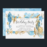 Bajo la invitación de la fiesta de cumpleaños Sea<br><div class="desc">Personalice esta invitación a la fiesta de cumpleaños Bajo el Mar Azul y Oro que incluye caballitos de mar,  peces estrella,  conchas y arrecifes de coral. Para una personalización más avanzada de este diseño,  haga clic en el botón "Personalizar" de arriba!  También están disponibles los elementos coincidentes.</div>