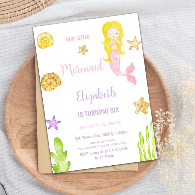 Bajo la invitación del Partido Chica del Mar (Little Mermaid Birthday Invitations)