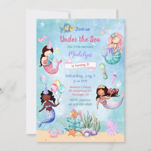 Bajo la sirena marina niños invitación al cumpleañ (Anverso)