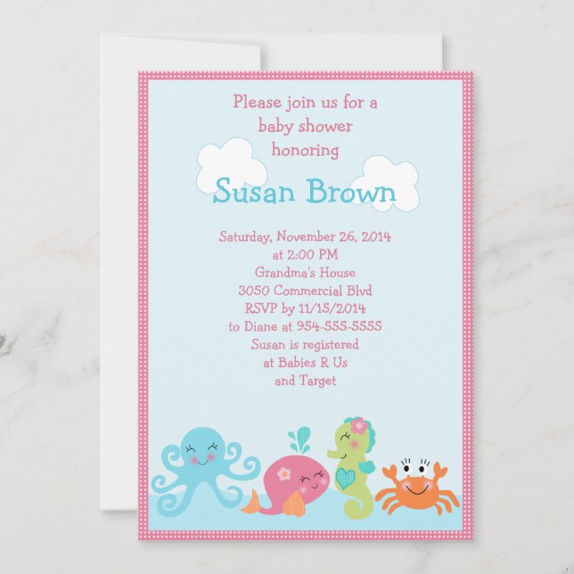 Bajo la vida marina/Chica Invitación Baby Shower 2 (Anverso)