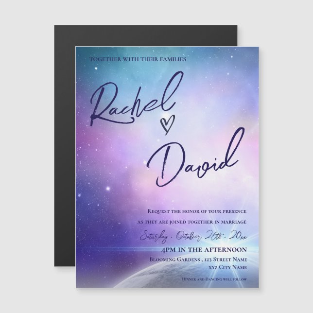 Bajo las estrellas Boda de tipografía rosada púrpu (Anverso/Reverso)