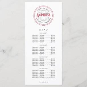 Baker Bakery Pastry Chef Comedor Menú plano