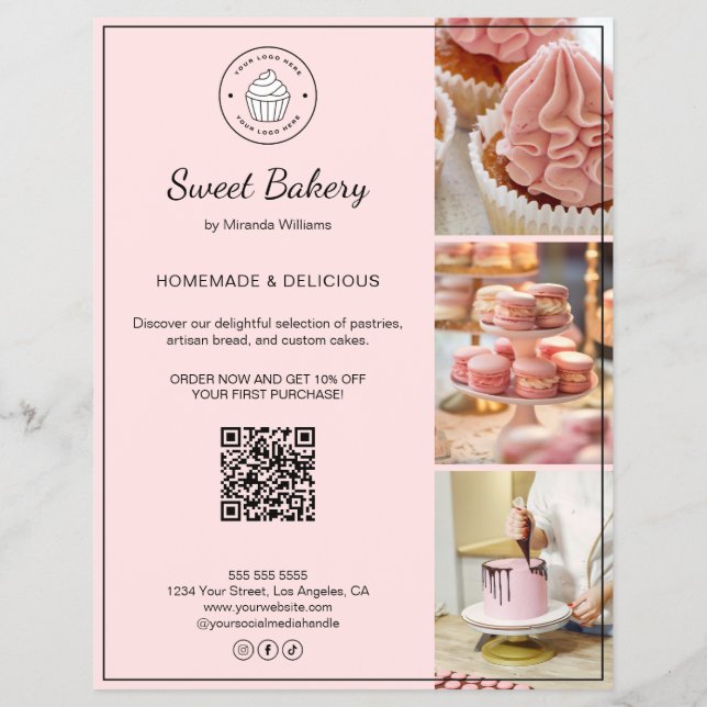 Bakery Custom Logo Photo QR Code Pink Flyer (Frente)