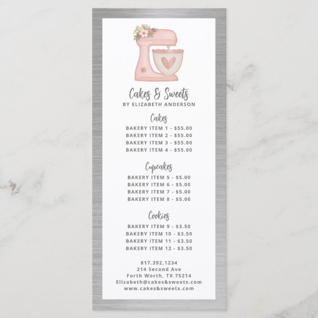 Bakery Pastry Chef Dessert Menu Price List (Anverso)