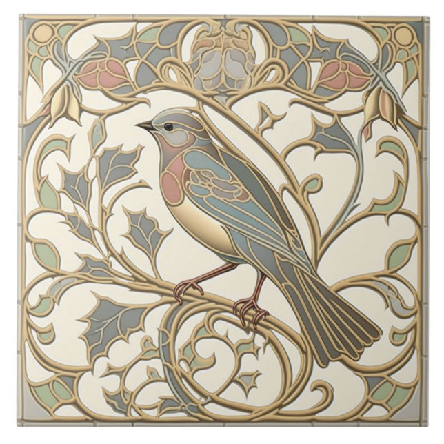 Baldosa cerámica Art Nouveau con diseño de aves mo (Frente)