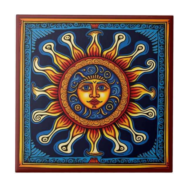 Baldosa cerámica de estilo Huichol mexicano (Frente)