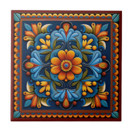 Baldosa cerámica estilo arte huichol mexicano